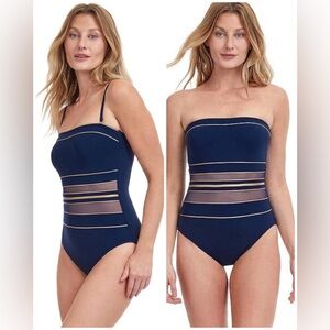 NWOT Gottex Women's Navy Gold Bandeau One Piece Removable Strap Swimsuit Size 12